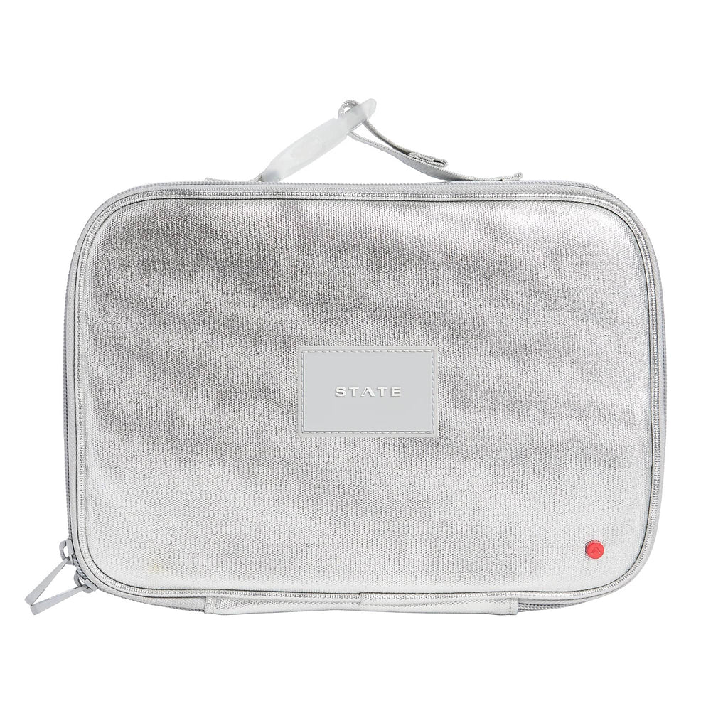 State Bags Metallic Silver Rodgers lunch box, front view.