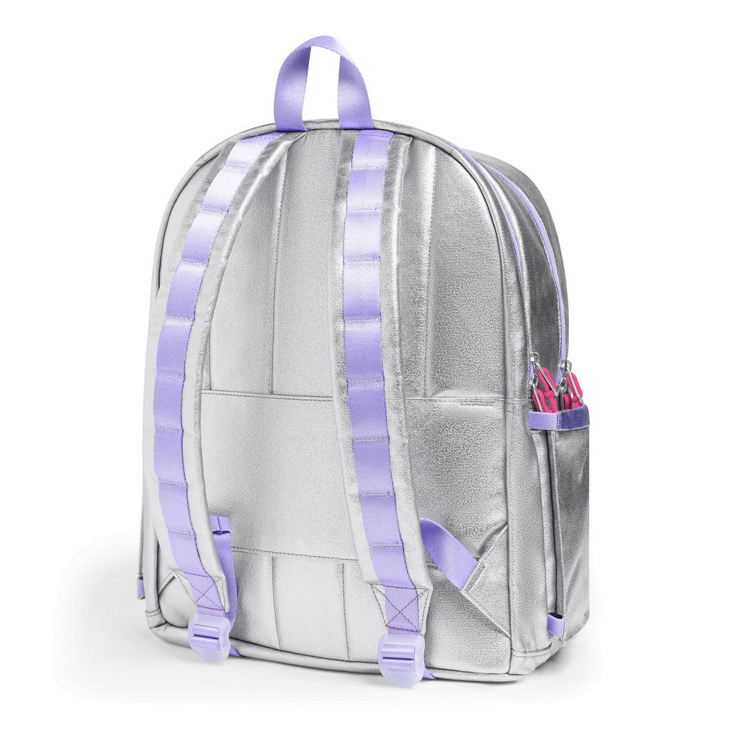 State Bags Kane Kids Double Pocket Backpack in Metallic Sequin Wave, back angle view.