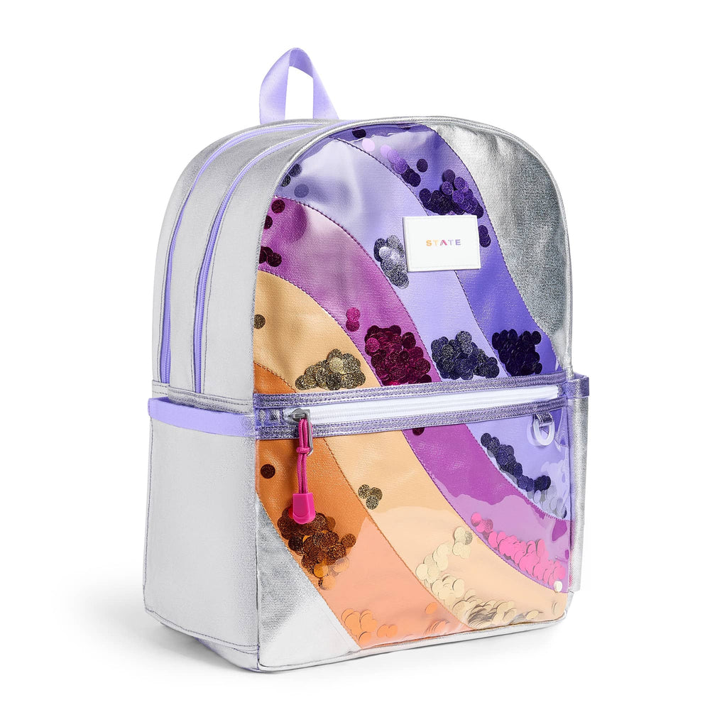 State Bags Kane Kids Double Pocket Backpack in Metallic Sequin Wave, front angle view.