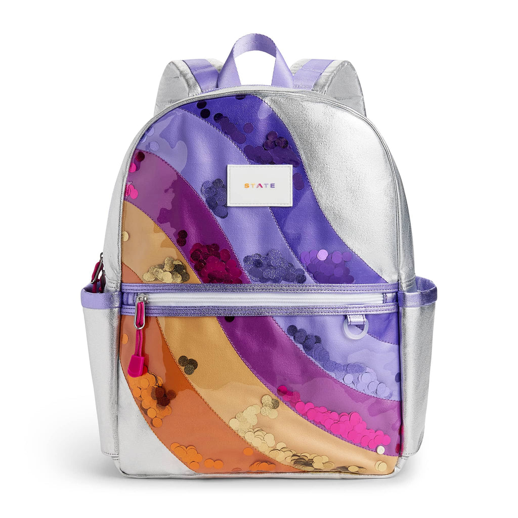 State Bags Kane Kids Double Pocket Backpack in Metallic Sequin Wave, front view.