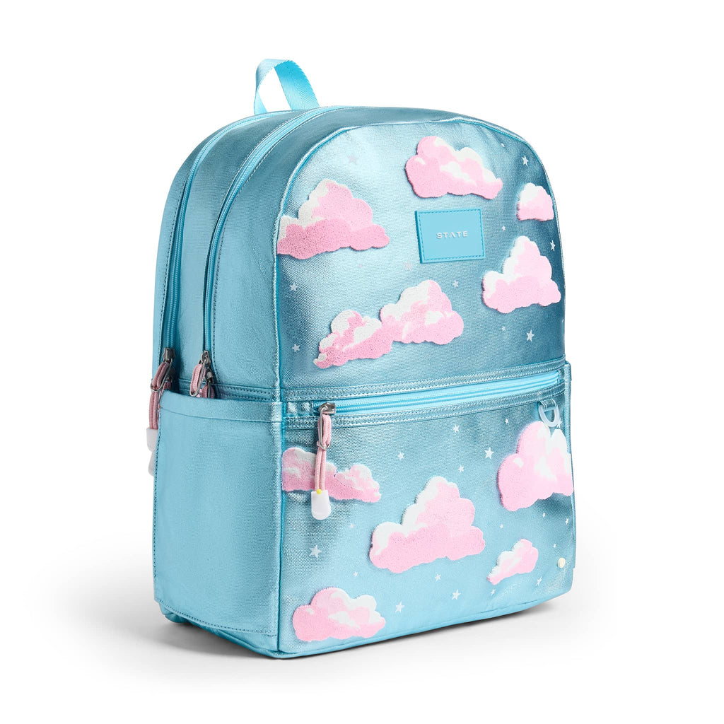 State Bags Kane metallic ight blue backpack with pink cloud pattern, front angle on a white background