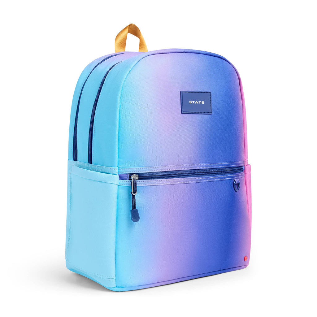 Gradient blue to pink backpack with 'STATE' label, front angle, on a white background.