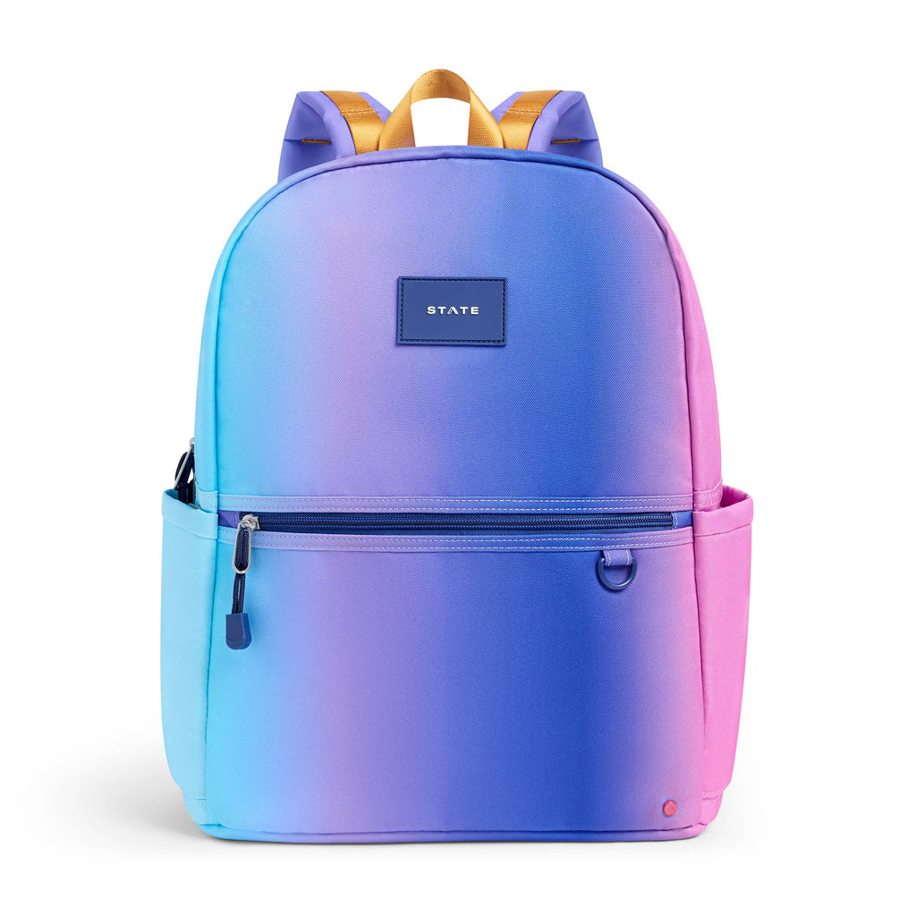 Gradient blue to pink backpack with 'STATE' label, front view, on a white background.