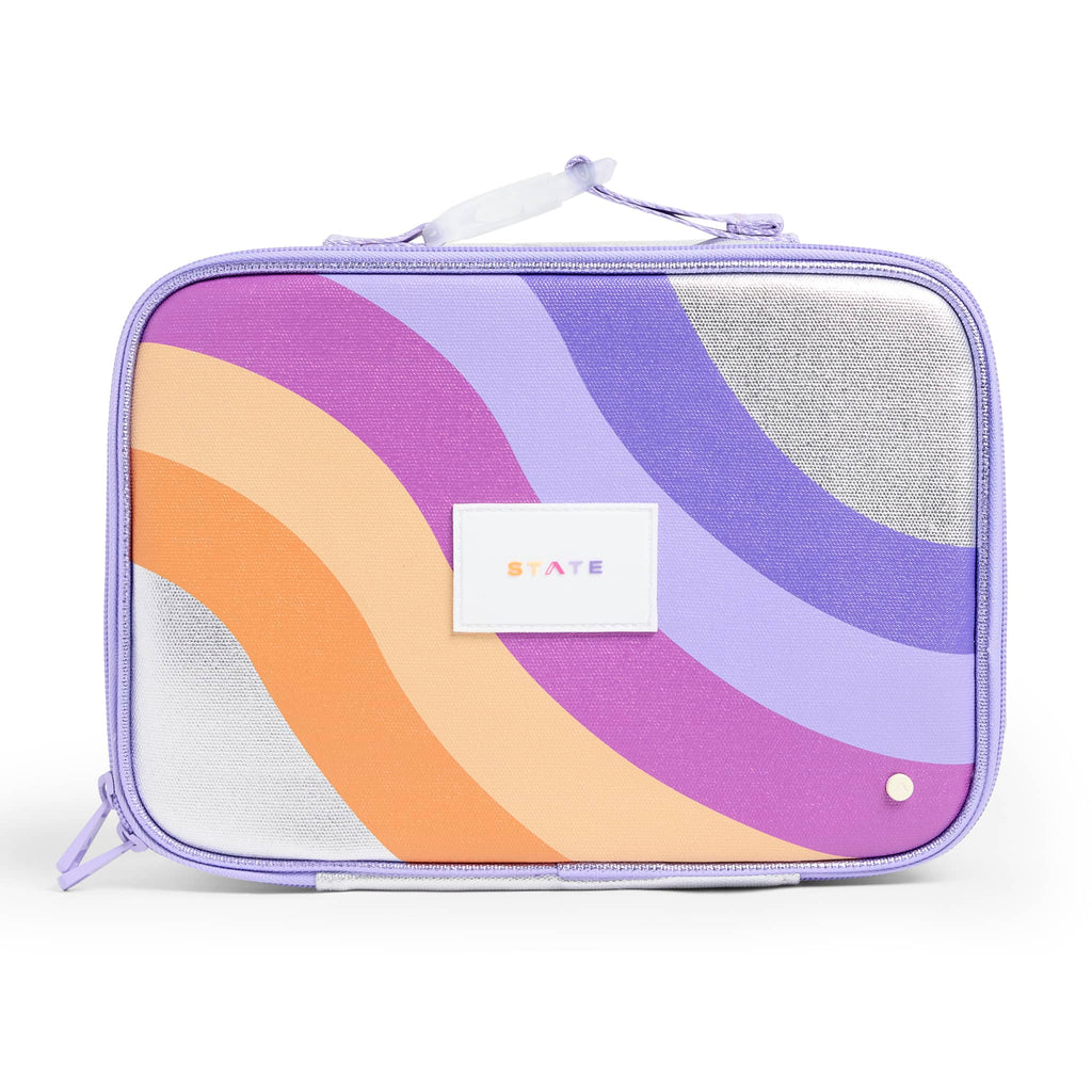 State Bags Rodgers Metallic Rainbow Wave insulated lunch box, front view.