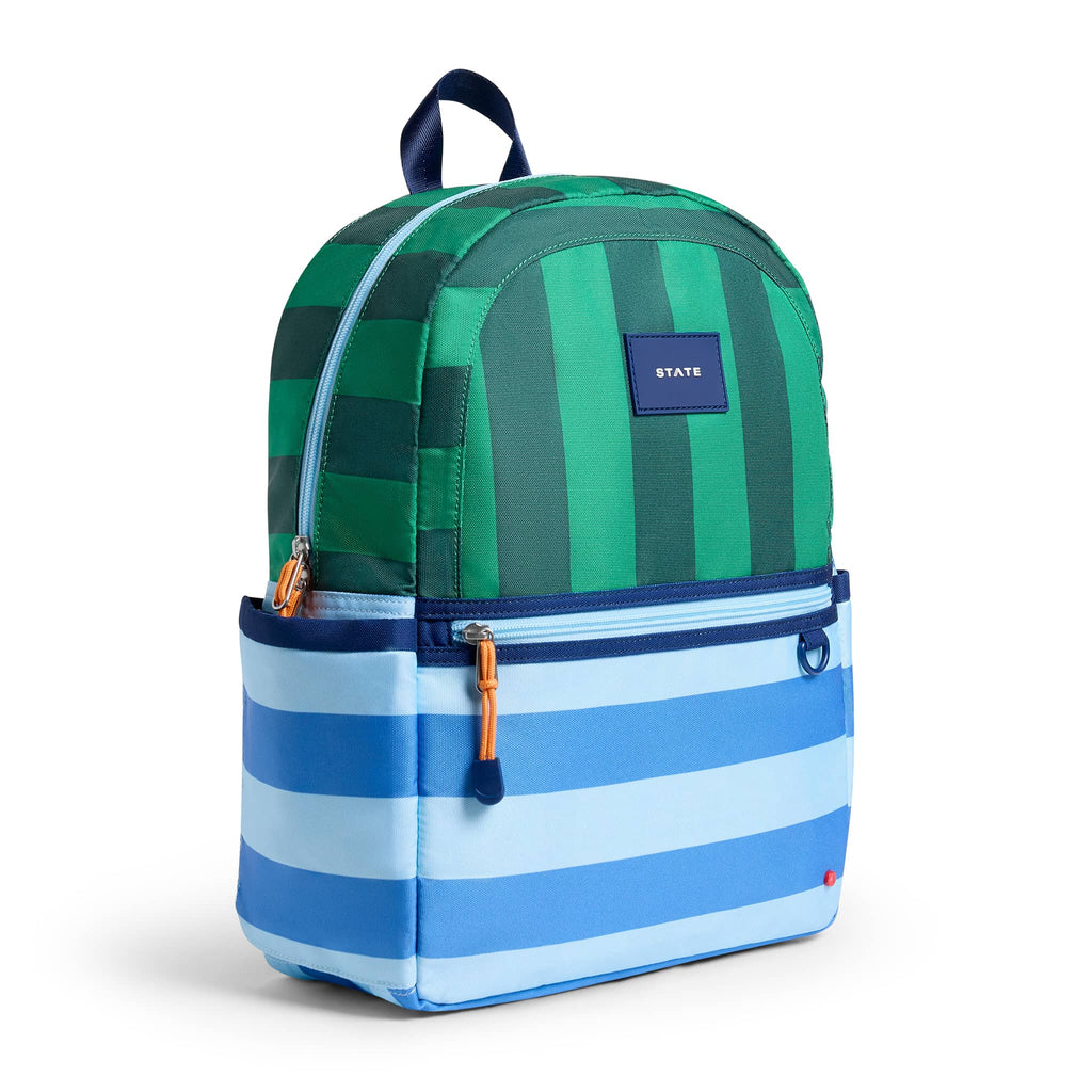 Green and blue striped backpack, front angle view on a white background.