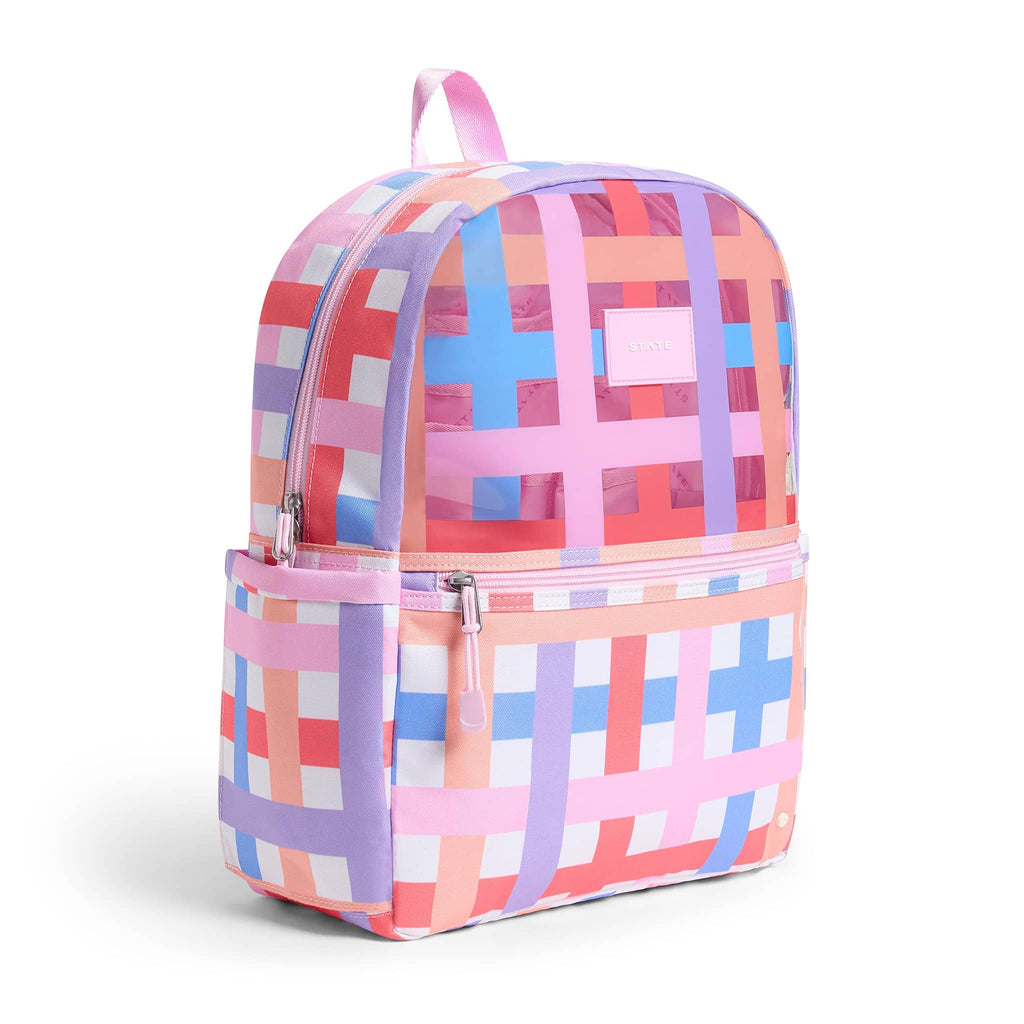 State Bags Kane Kids Backpack in a colorful plaid print, front angle view.