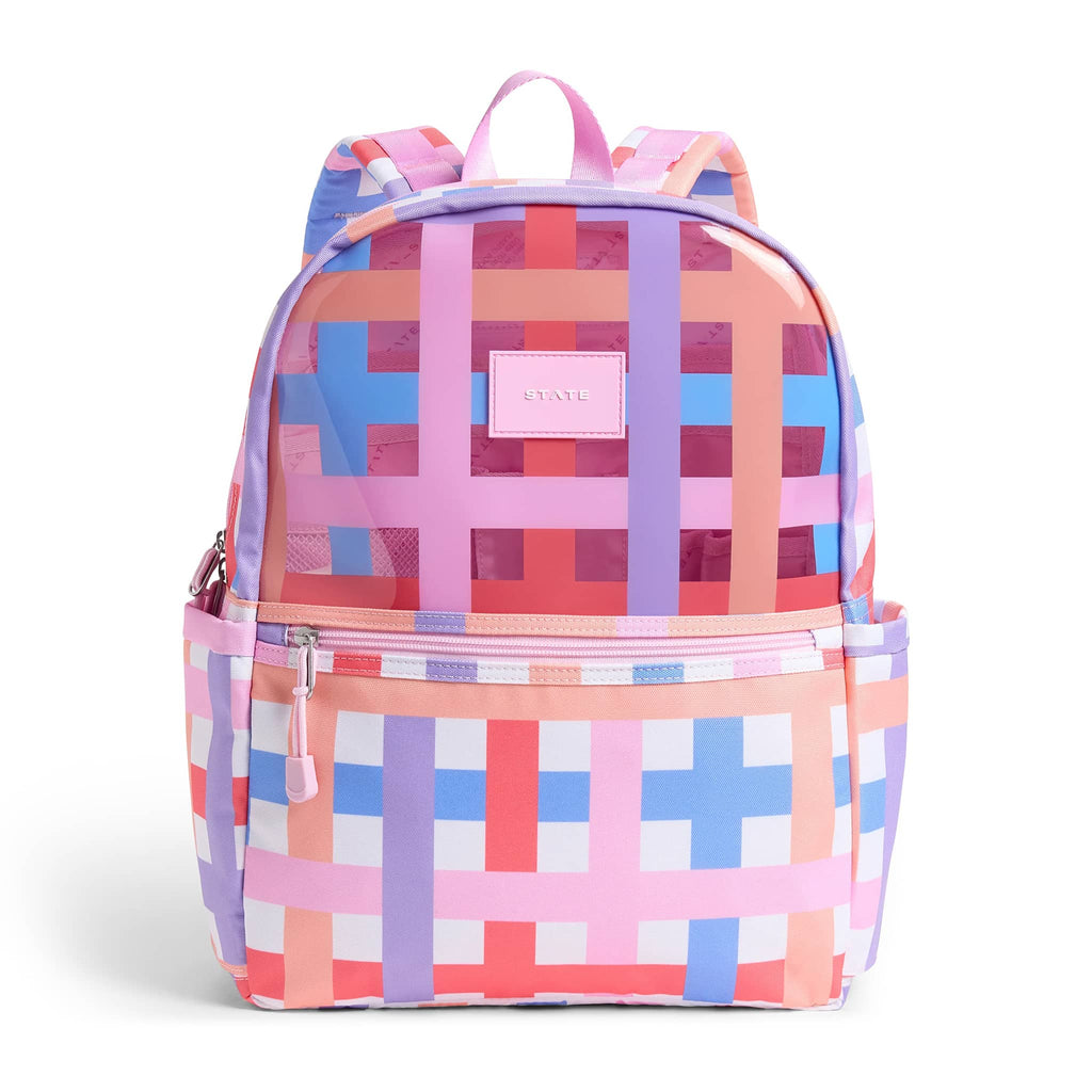 State Bags Kane Kids Backpack in a colorful plaid print, front view.