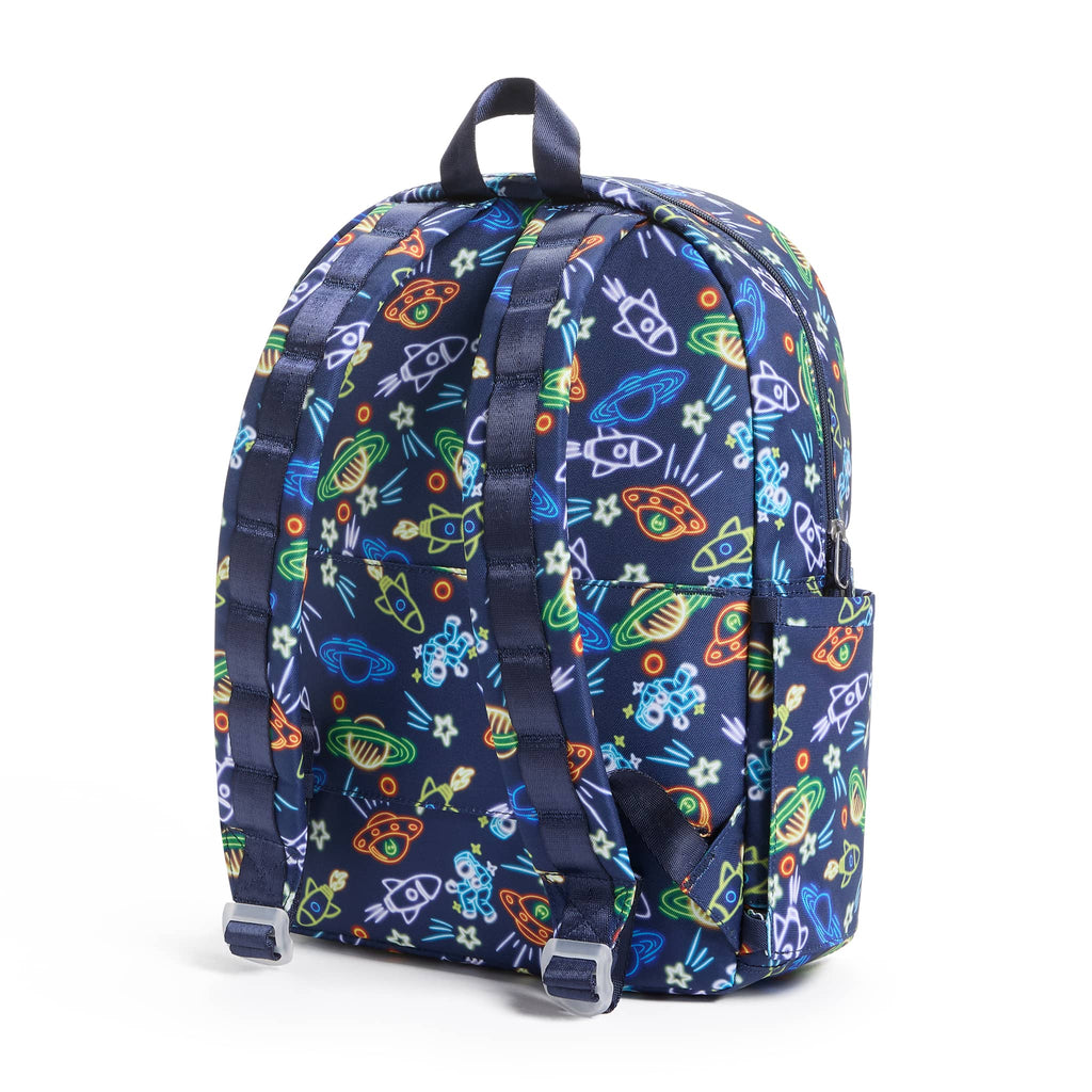 Navy blue backpack with colorful space-themed pattern, back view on a white background.