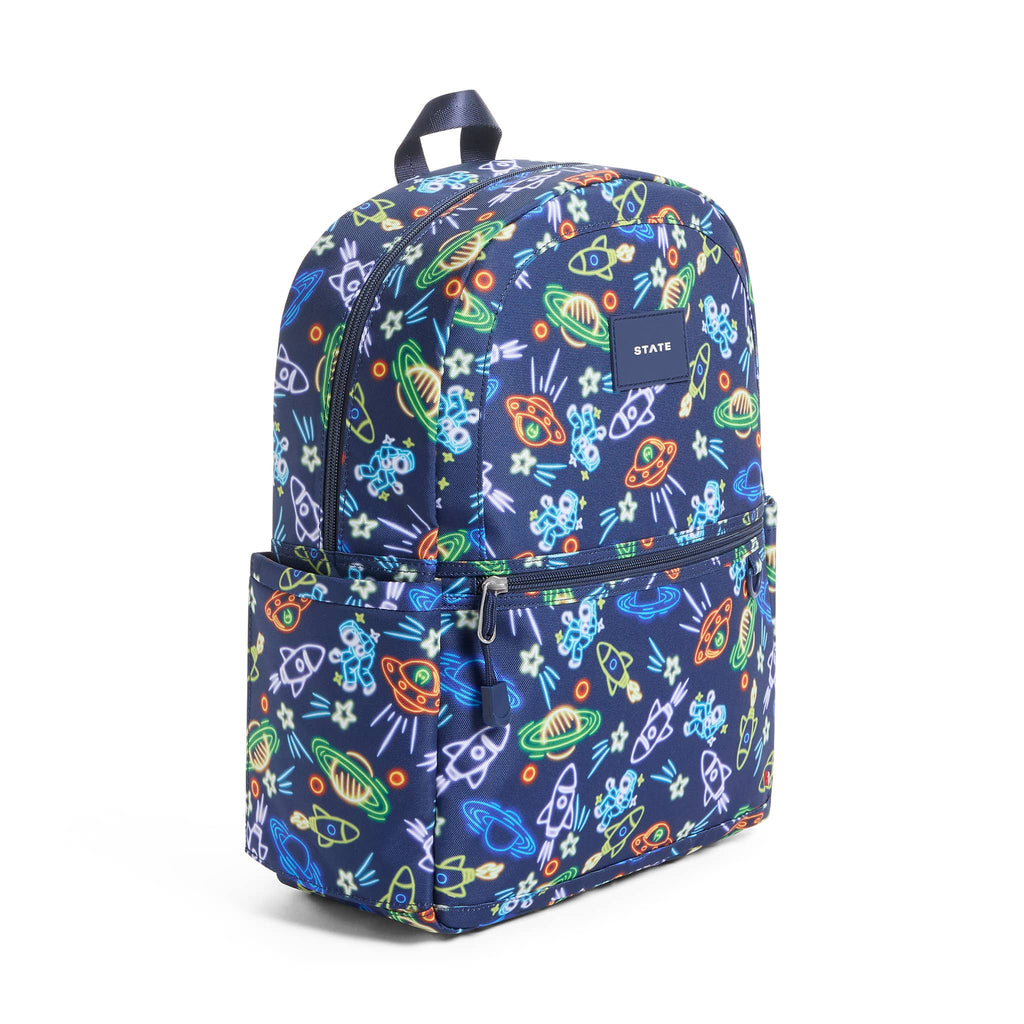 Navy blue backpack with colorful space-themed pattern, front angle view on a white background.
