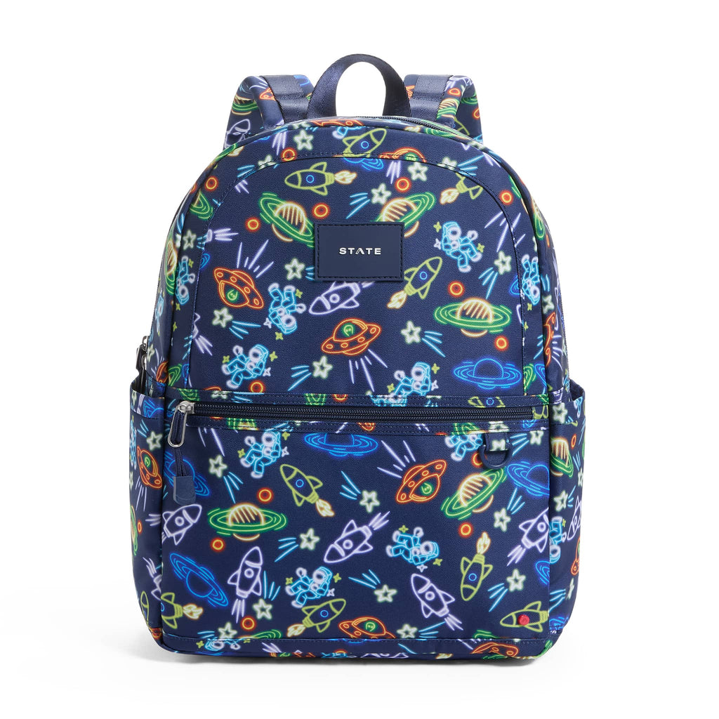 Navy blue backpack with colorful space-themed pattern, front view on a white background.