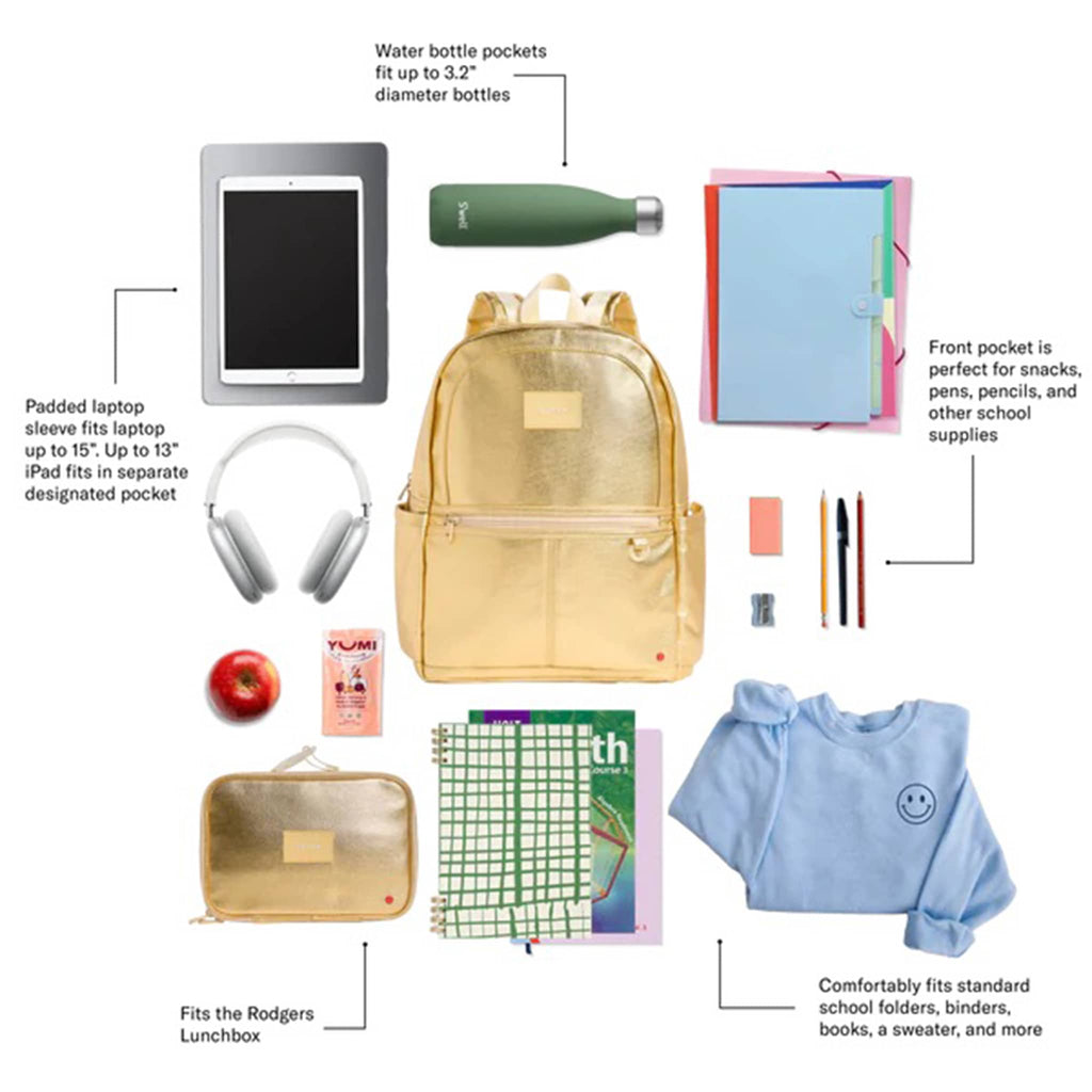 State Bags Kane Kids Double Pocket Backpack, shown with a sample of contents that fit inside.