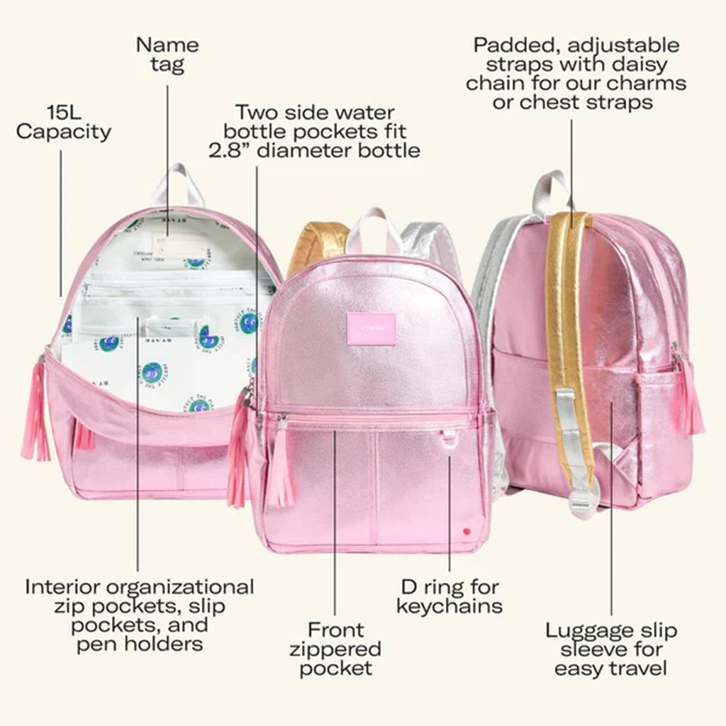 State Bags Kane pink metallic backpack with features labeled on a white background.