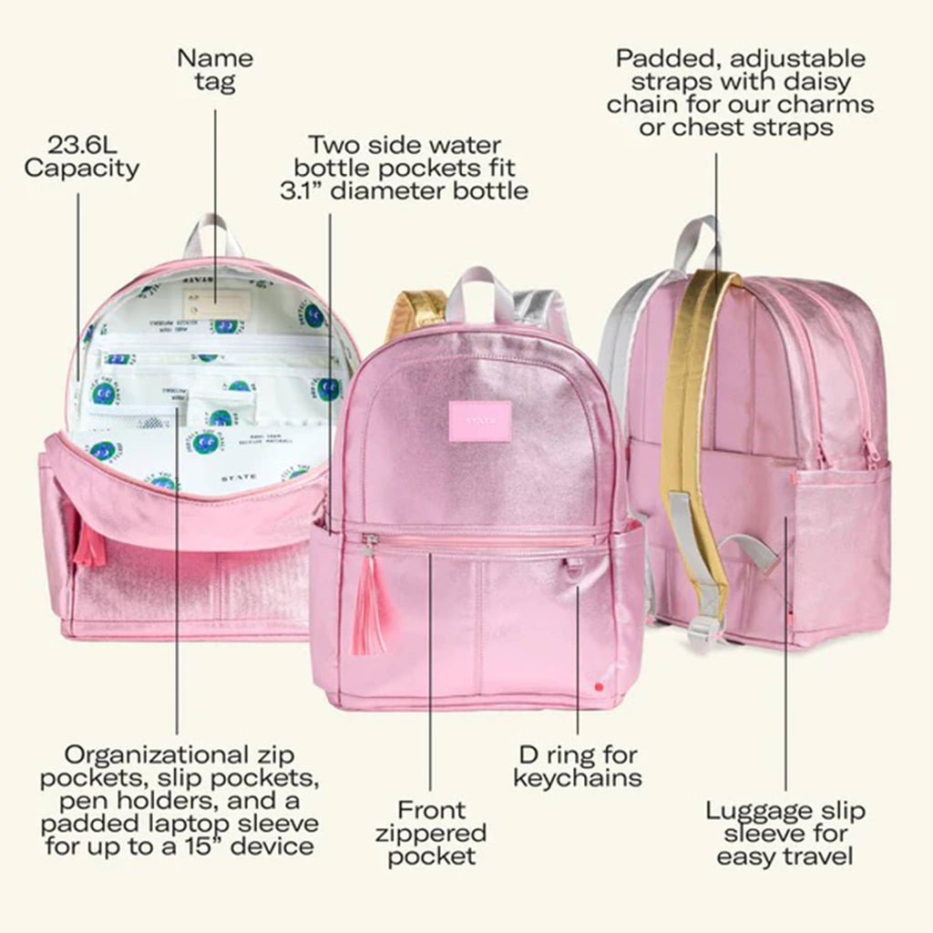 State Bags pink metallic double pocket backpack with features labeled on a white background.