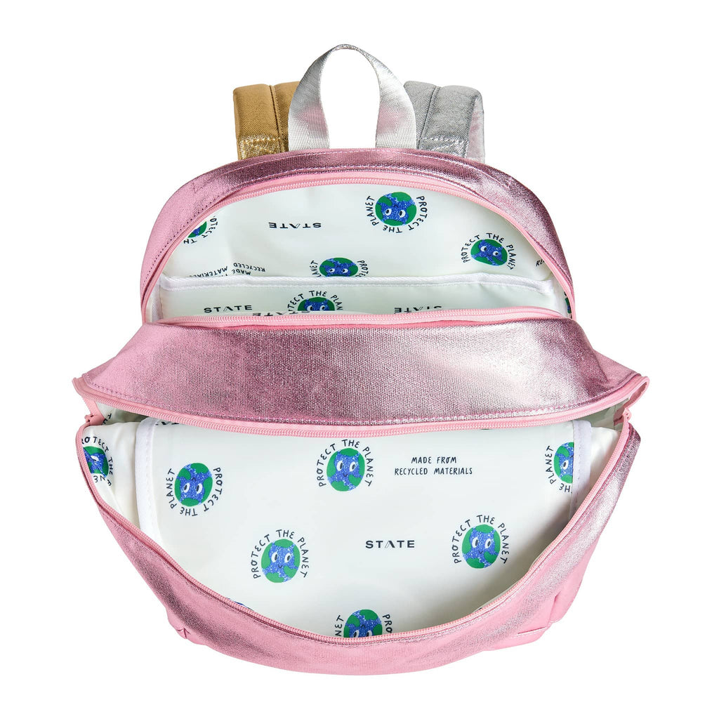 State Bags Kane Kids Double Pocket Backpack, overhead view with both compartments unzipped to show interior pockets.