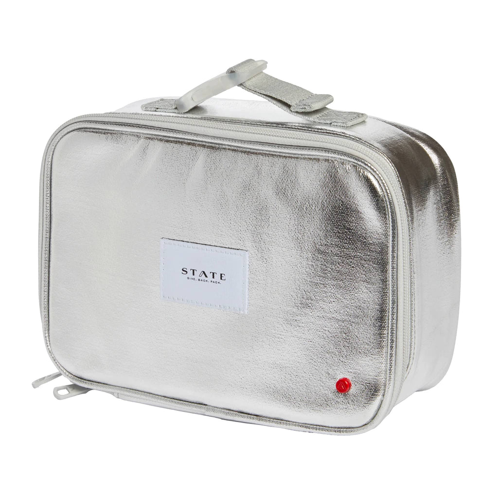 State Bags Rodgers Metallic Silver insulated lunch box, front angle view.