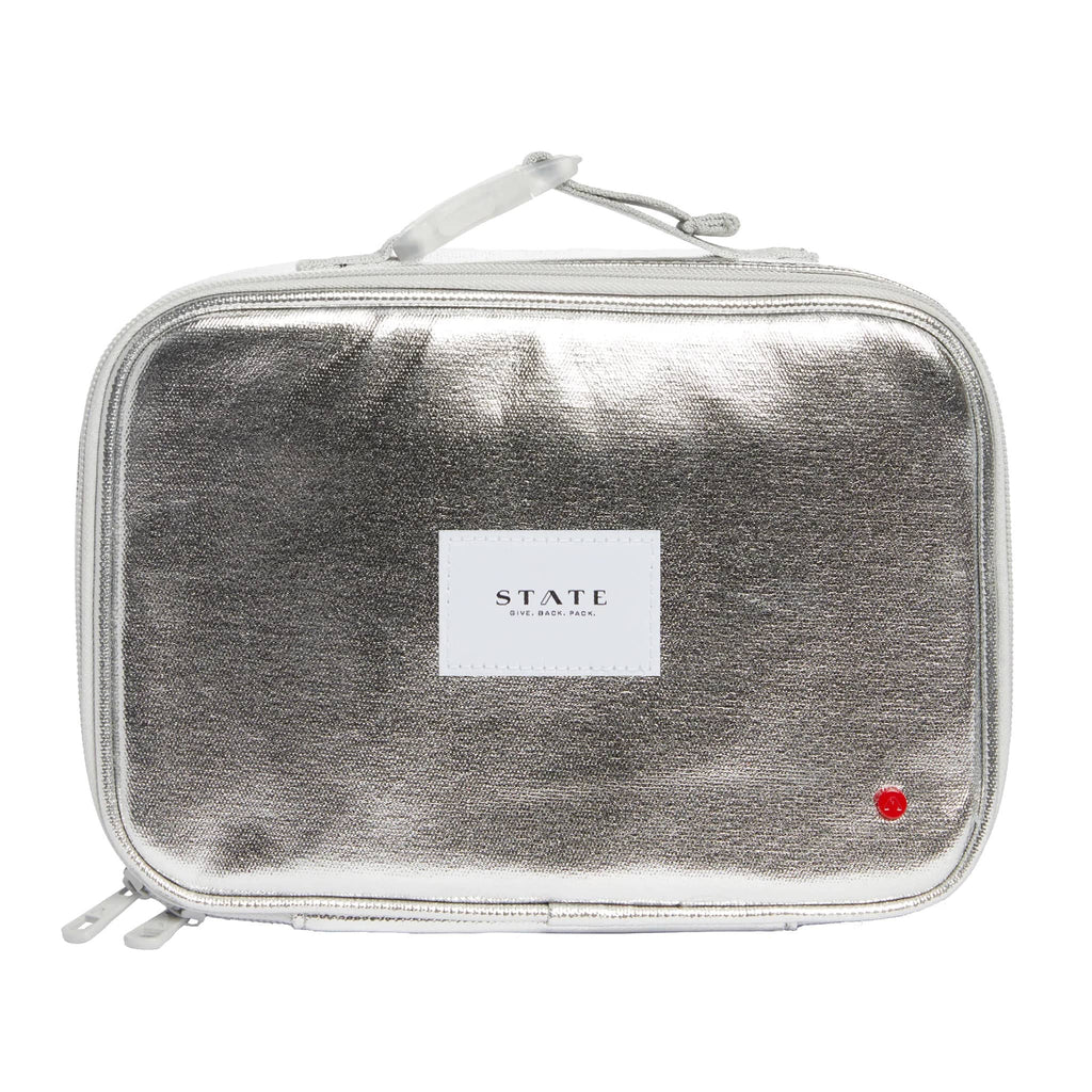 State Bags Rodgers Metallic Silver insulated lunch box, front view.