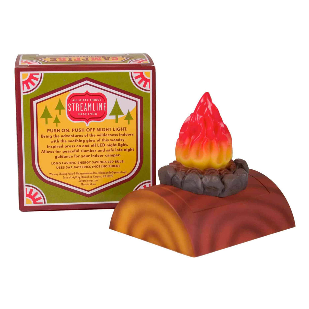 Campfire-themed night light with packaging on a white background.