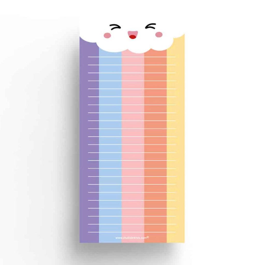 Studio Inktvis Cloud Rainbow To Do List Block Notepad with a kawaii laughing cloud at the top and a purple, blue, pink, orange and yellow stripe extending down to the bottom with white lines.