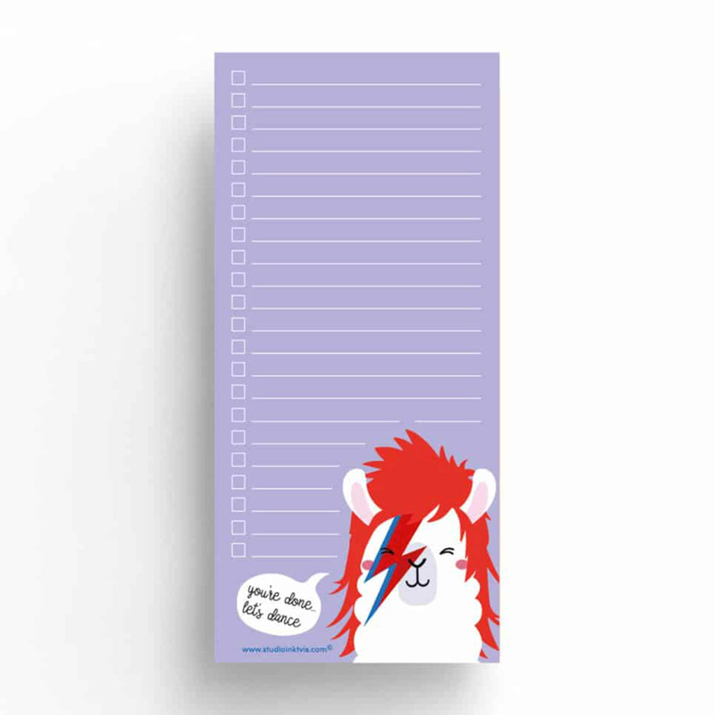 Studio Inktvis Ziggy Llama To Do List Block Notepad with a  white llama with red hair and a red and blue lightning bolt across its face with a speech bubble that says "you're done, let's dance" on a purple background with white lines and check boxes.