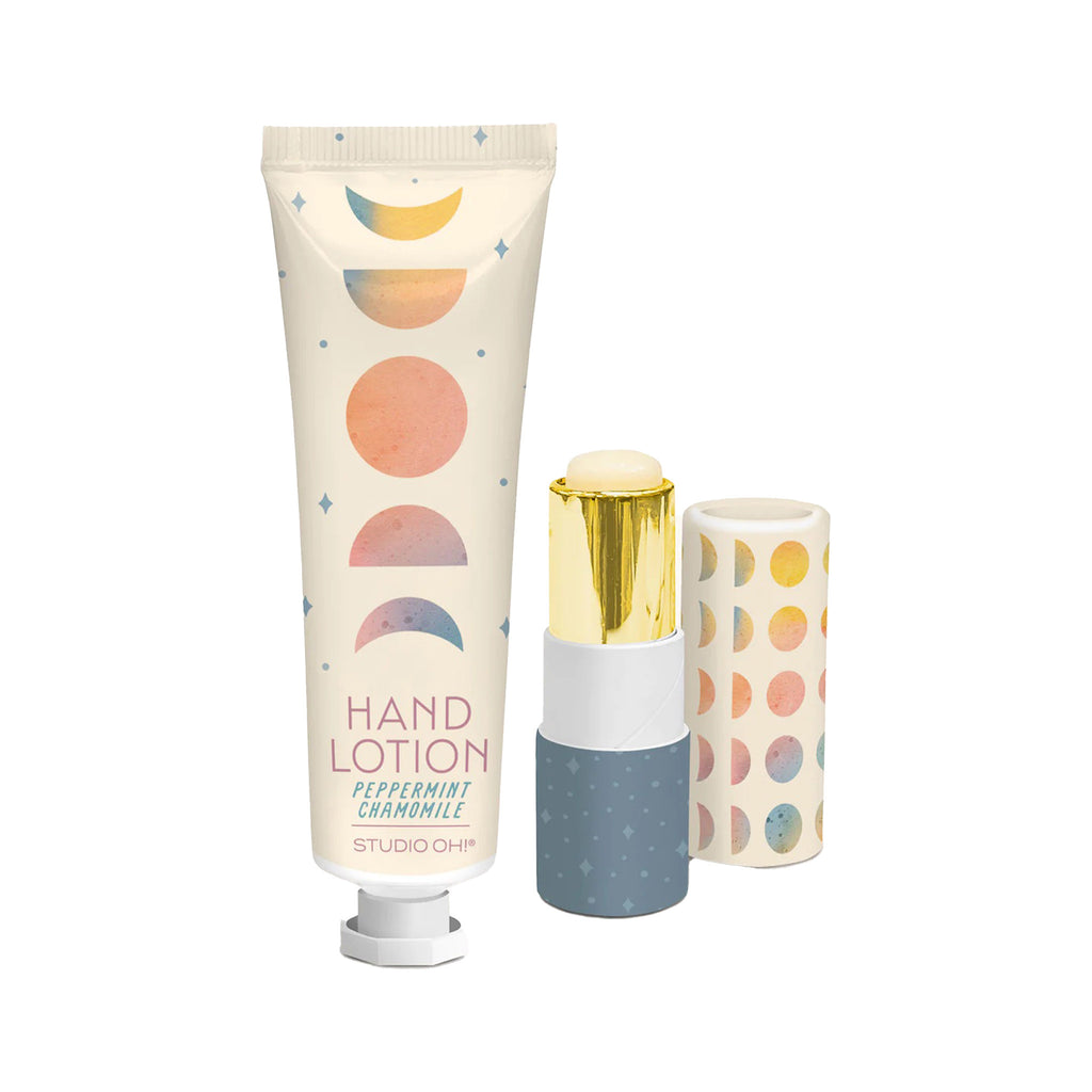 Studio Oh! Moon Phases unscented lip balm with cap off and peppermint chamomile lightly scented hand lotion.