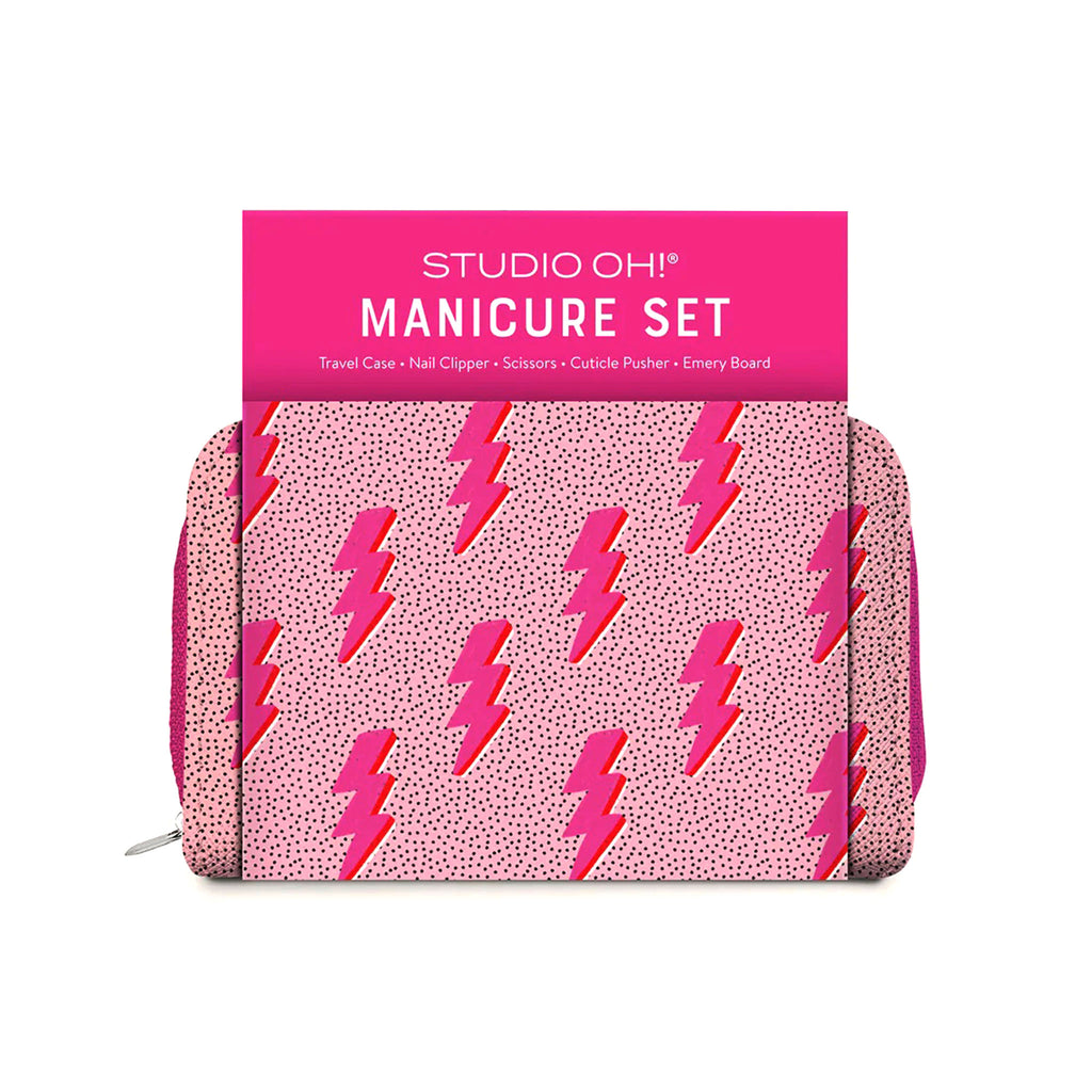 Studio Oh! Charged Up Manicure Set in travel case with a fuchsia lightning bolt pattern on a speckled pink background and belly band packaging.