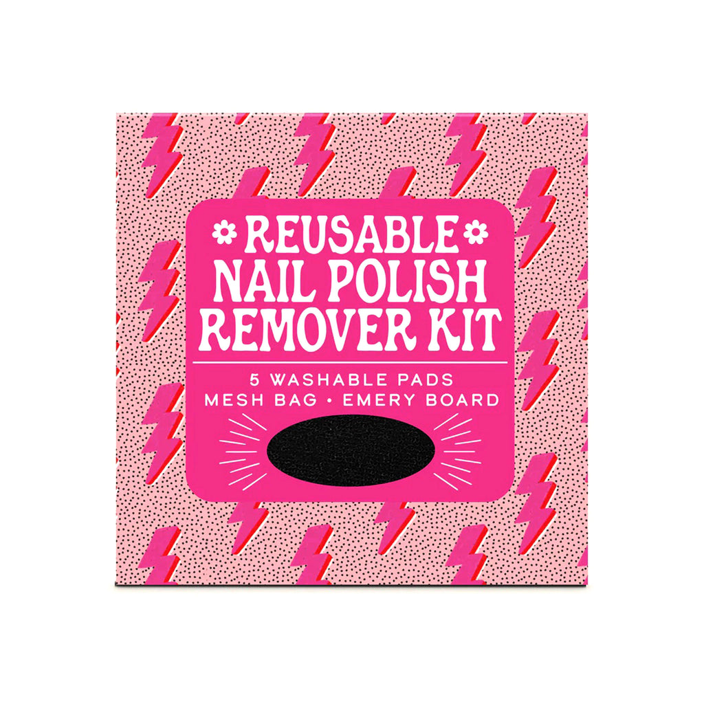 Studio Oh! Charged Up Reusable Nail Polish Remover Kit in box packaging with pink lightning bolts, front view.