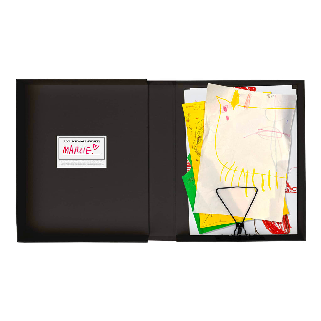 Black art portfolio with colorful artworks inside on a white background.