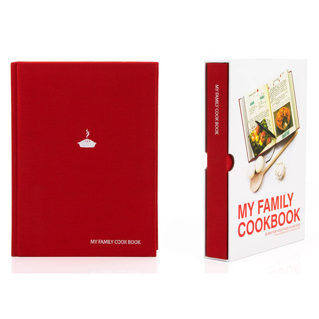 Red family cookbook with and without a white slipcover, on a white background.