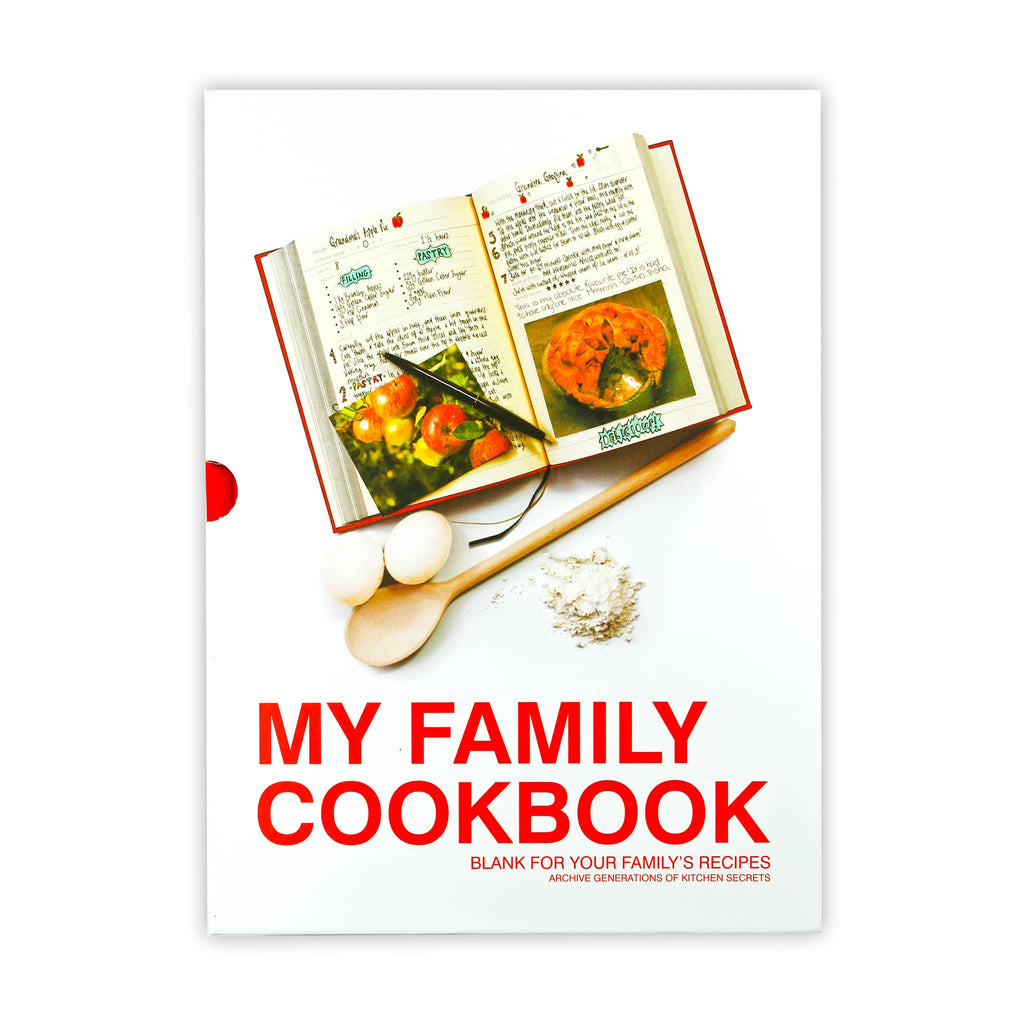 Slipcover for 'My Family Cookbook' with images of food on a white background.