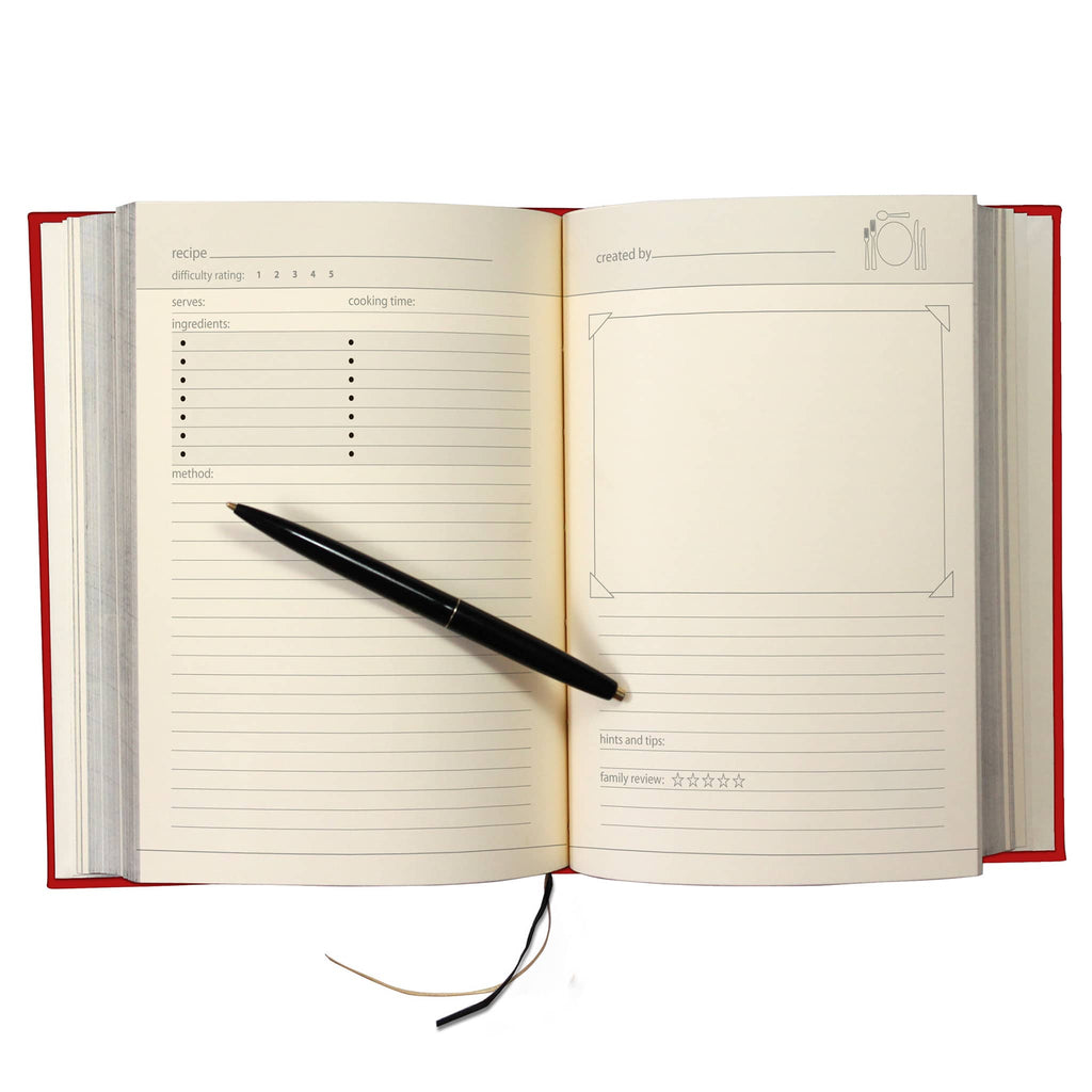 Open book with blank recipe page, with a pen on a white background.