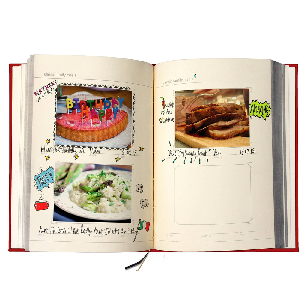 Open book with photos and descriptions of "classic family meals" on a white background.