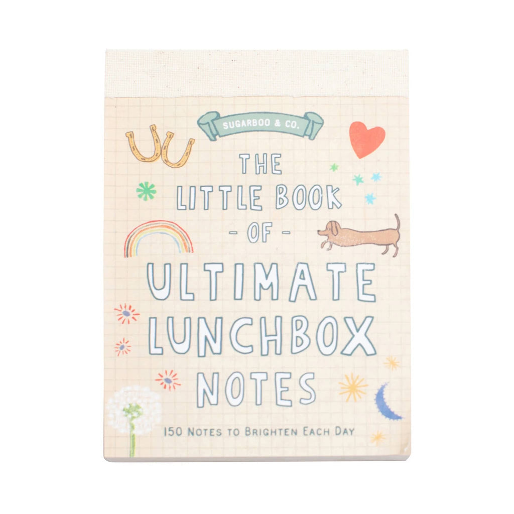 Book titled 'The Little Book of Ultimate Lunchbox Notes' with colorful illustrations on a beige background.