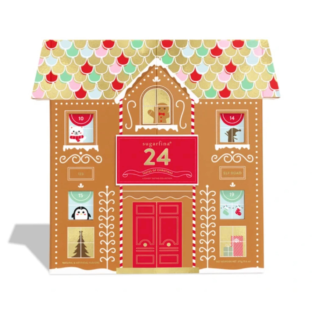 Sugarfina 24 Tastes of Christmas Gingerbread House shaped candy advent calendar, front view.