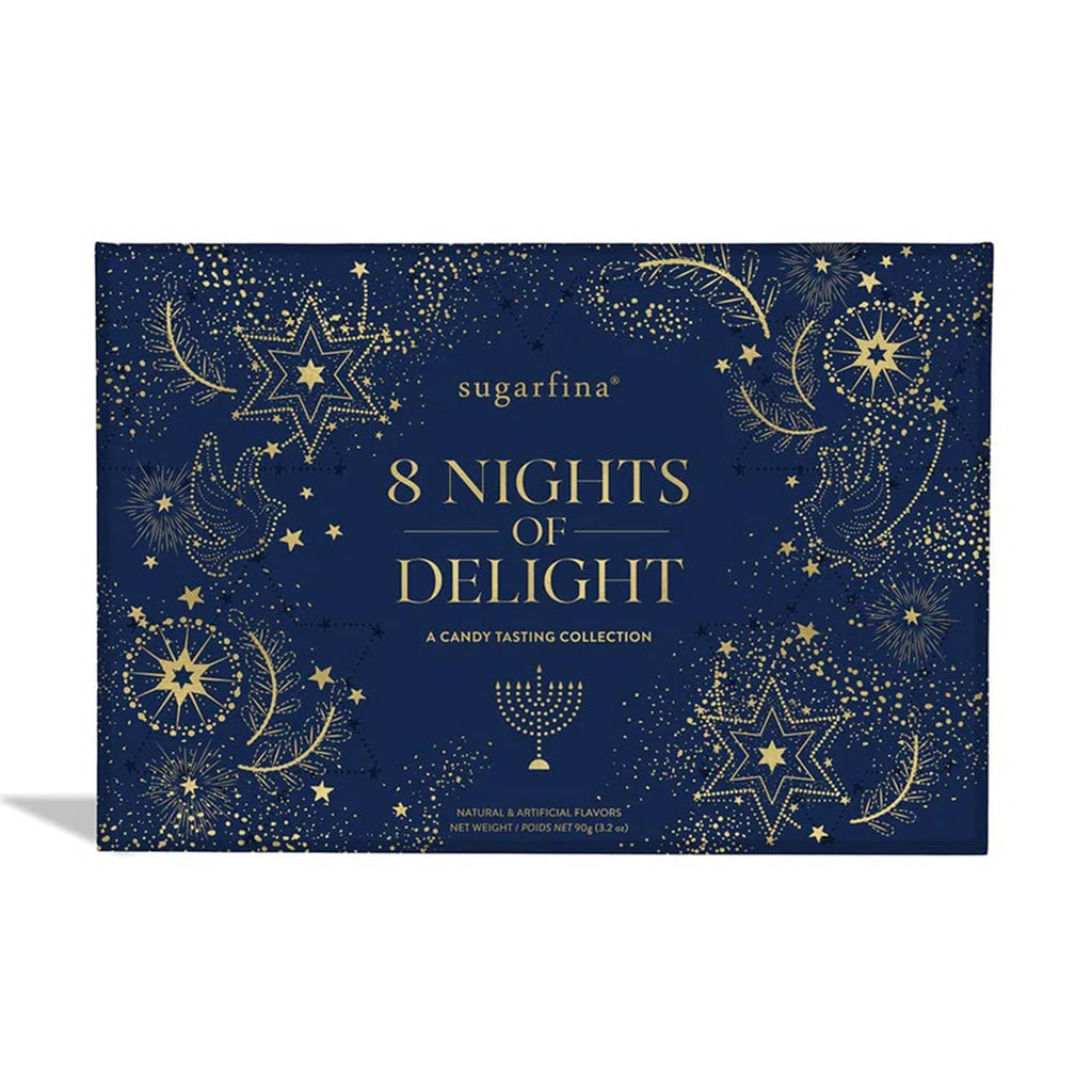Sugarfina 8 Nights of Delight candy tasting collection front of box on white background.