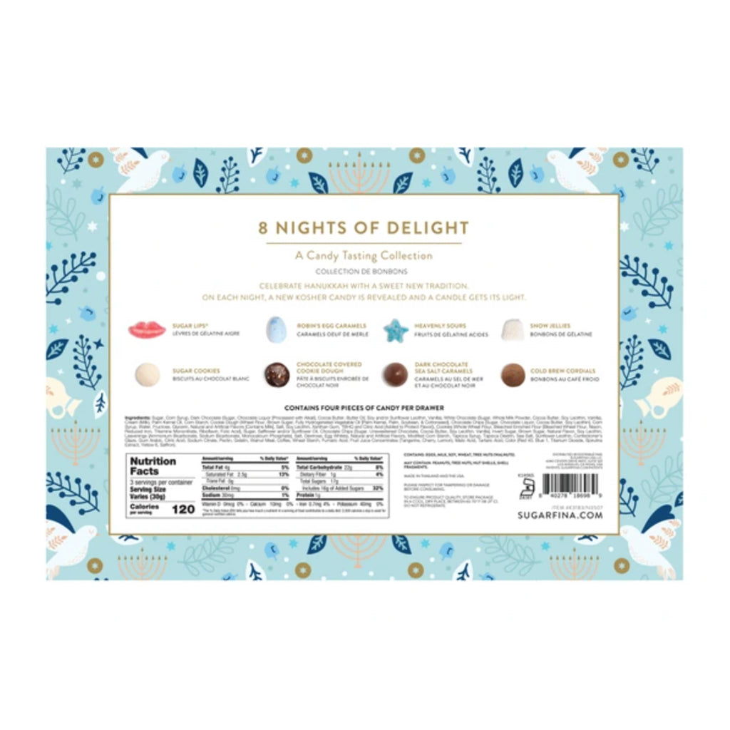 Sugarfina 8 Nights of Delight Kosher Candy Tasting Collection in light blue box packaging, back view.