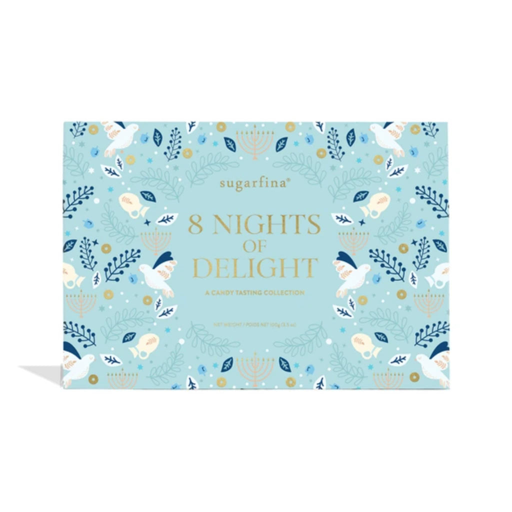 Sugarfina 8 Nights of Delight Kosher Candy Tasting Collection in light blue box packaging, front view.