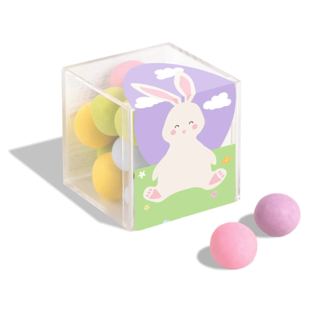 Sugarfina Bunny Bites in small acrylic candy cube packaging with bunny illustration, front angle.