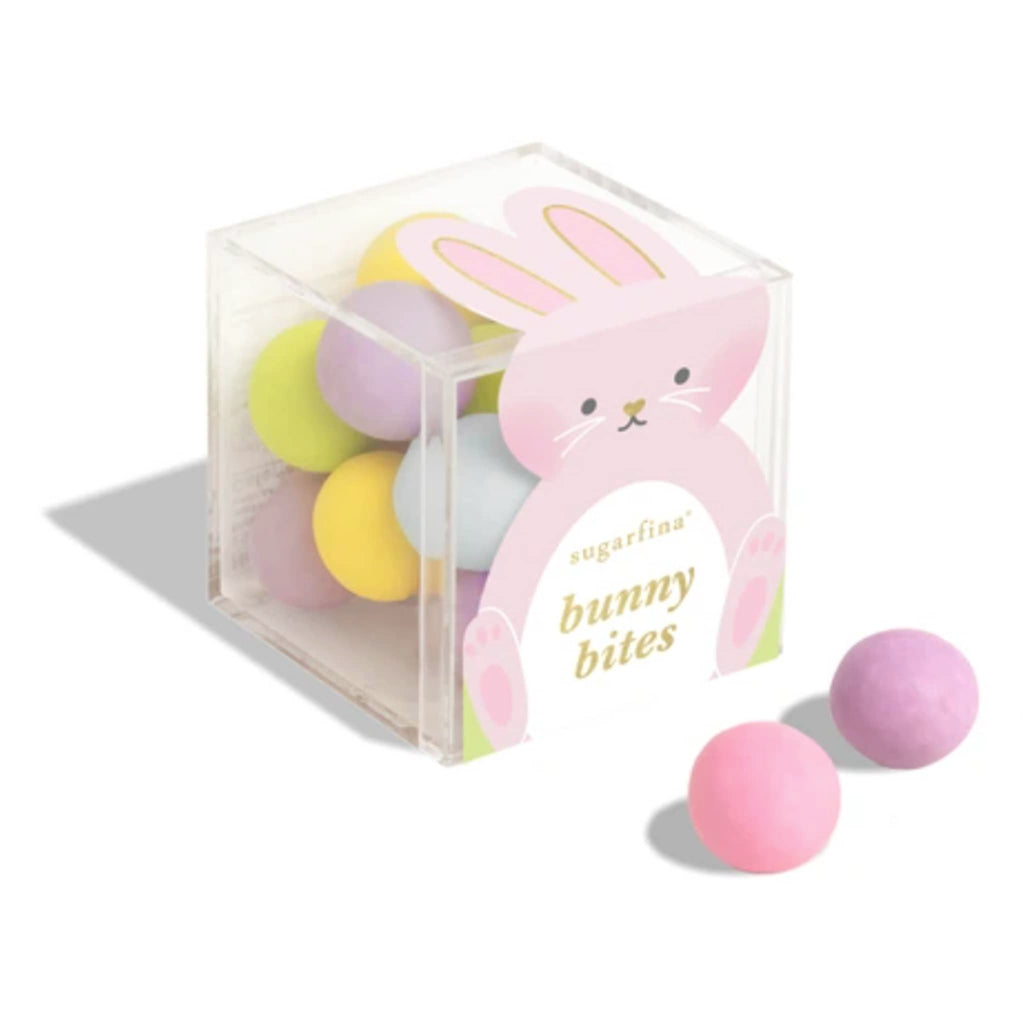 Sugarfina Easter 2025 Bunny Bites candy in candy cube packaging, front angle with 2 pieces of candy in front.