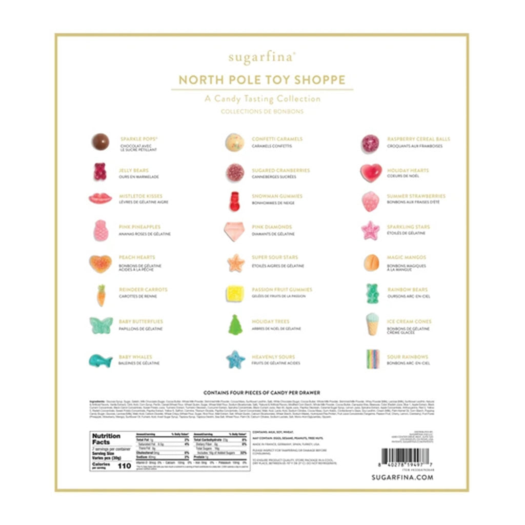 Sugarfina candy advent calendar packaging, back with colorful candy illustrations and text.