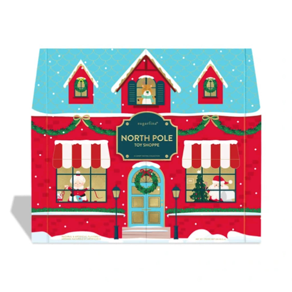 Advent calendar with a festive design of a toy shop named 'North Pole Toy Shoppe' on a white background.