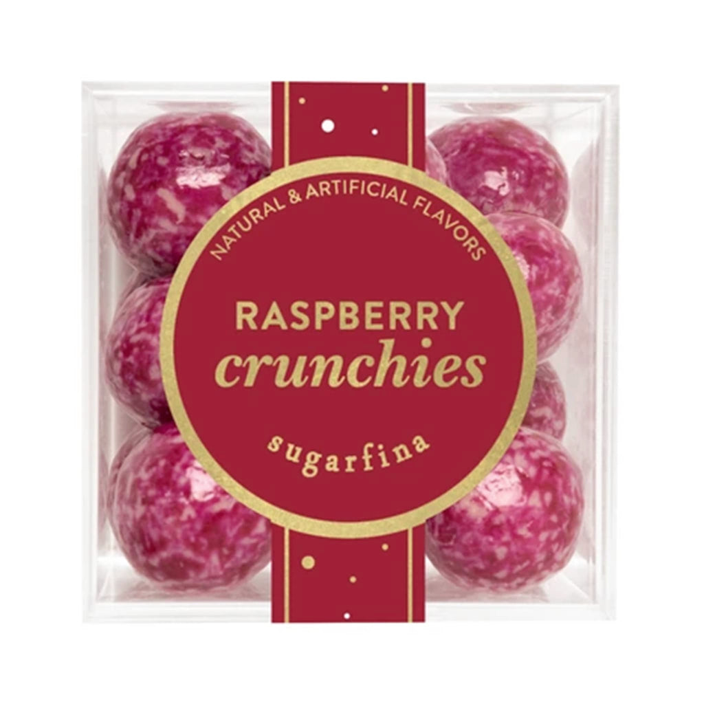 Pack of Raspberry Crunchies by Sugarfina with a red label on a white background.