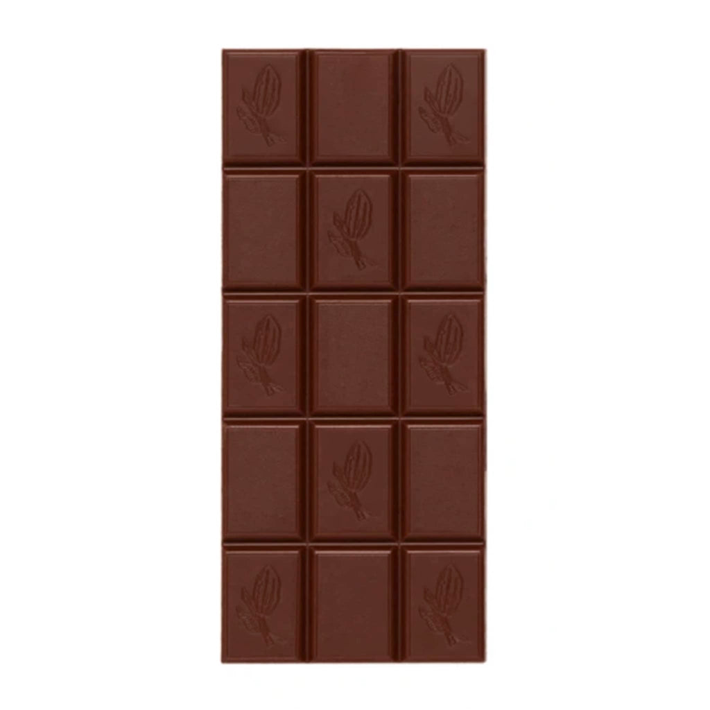 Chocolate bar with embossed designs on a white background.