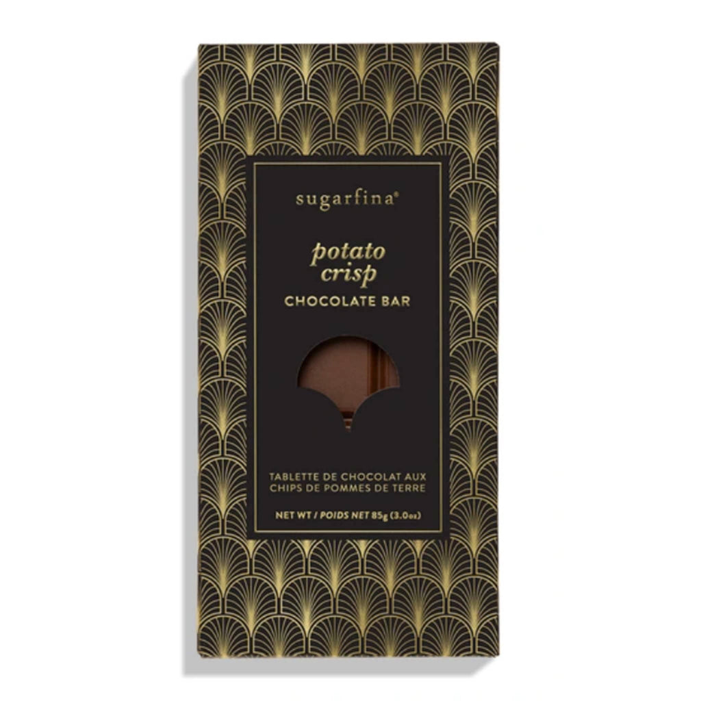Sugarfina potato crisp chocolate bar packaging with gold and navy Art Deco design.