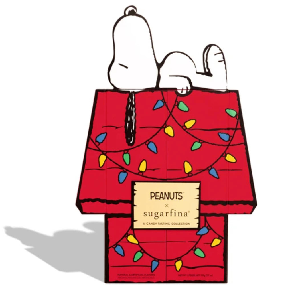 Red doghouse with Snoopy on top, featuring Peanuts and Sugarfina logos.