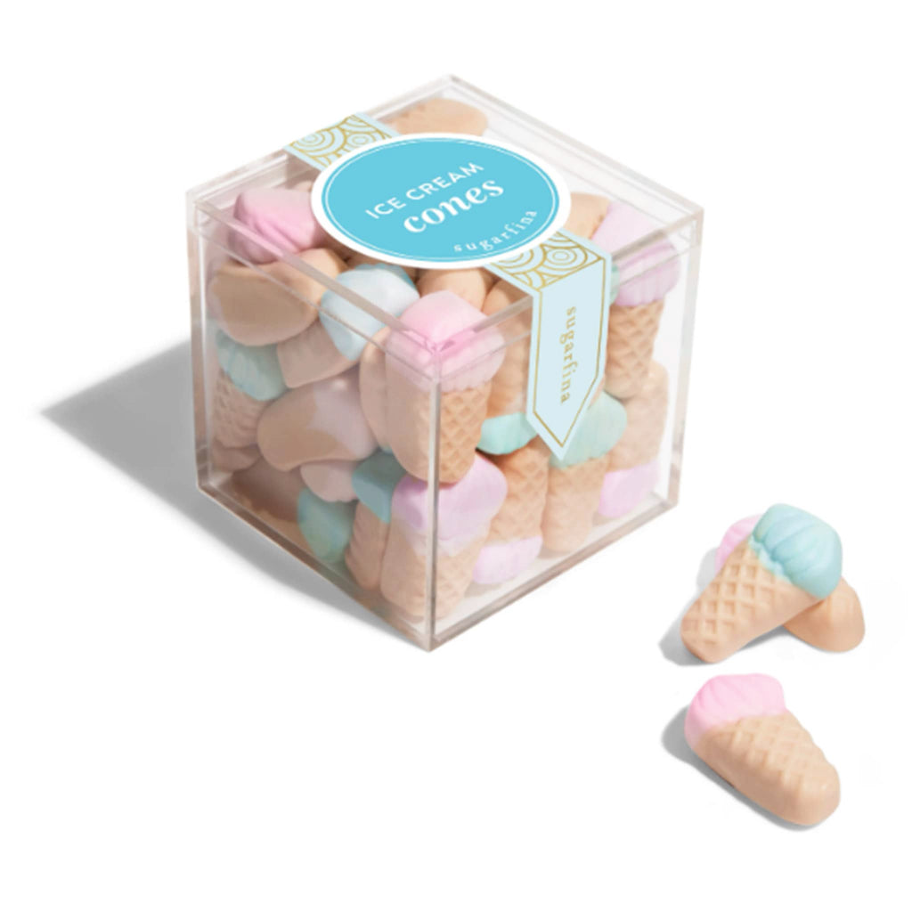 Sugarfina Ice Cream Cones strawberry and raspberry flavored gummy candy in small acrylic candy cube packaging.