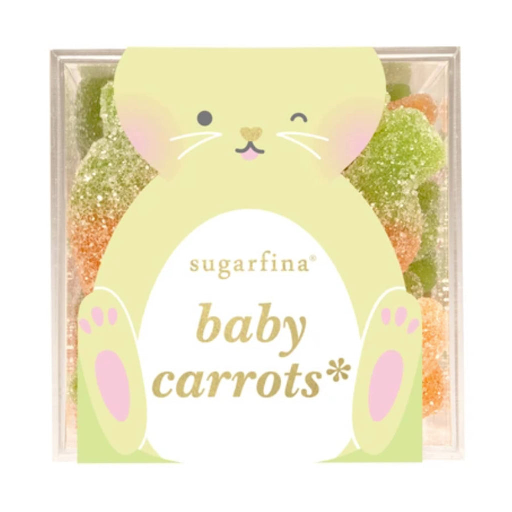 Sugarfina Easter 2025 Baby Carrots bunny gummy candy in candy cube packaging, front view.