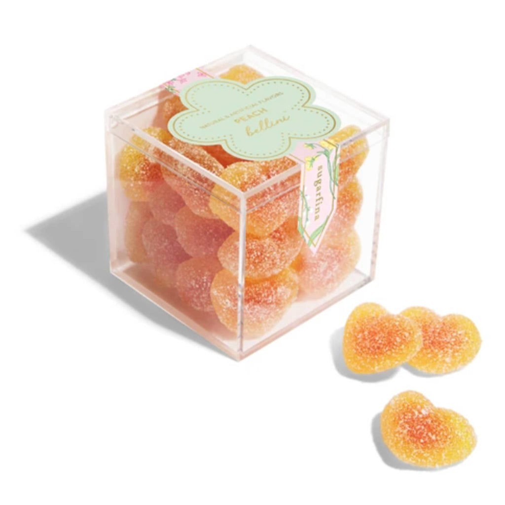 Sugarfina La Vie en Rose Collection Peach Bellini heart shaped gummies in clear acrylic candy cube packaging, front angle view.