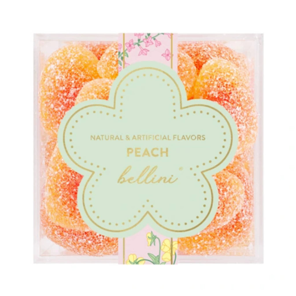 Sugarfina La Vie en Rose Collection Peach Bellini heart shaped gummies in clear acrylic candy cube packaging, top view.