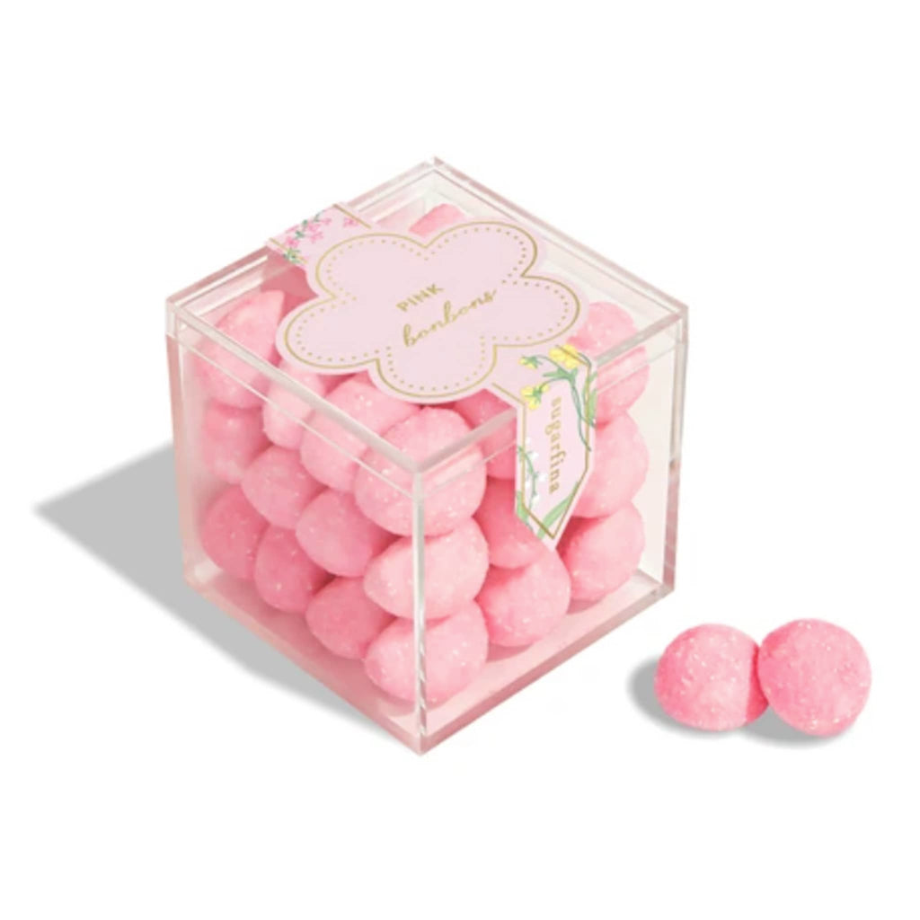 Sugarfina La Vie en Rose Collection Pink Bonbons in clear acrylic candy cube packaging, front angle view.