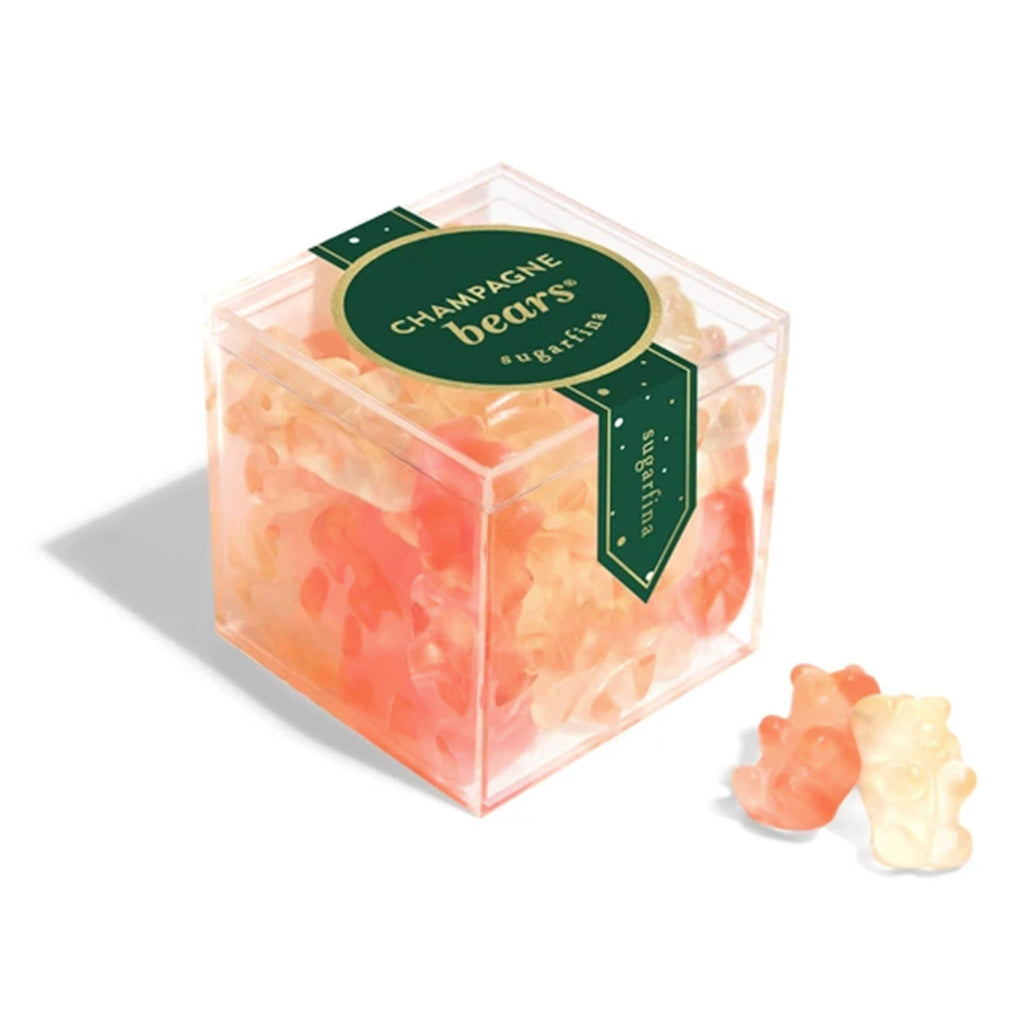 Box of champagne-flavored gummy bears with a green label on a white background.